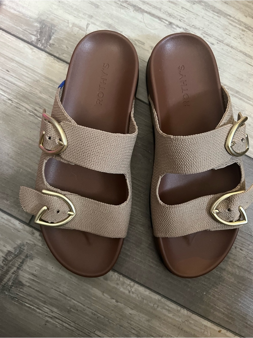Rothy's Tan Double-Buckle Slide Sandals with Gold Buckles